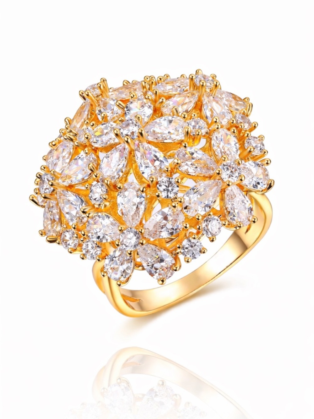 Swarovski Crystals Gold Flower Dome Ring - Picture 1 of 9